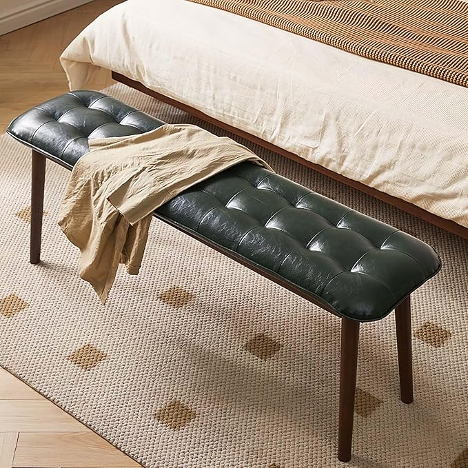 Entryway Bench, Solid Wood Dining Bench, Midcentury End of Bed Bench with PU Leather Padded Seat, Bedroom Bench, 47.24" L x 12.6" W x 17.72" H (Green)