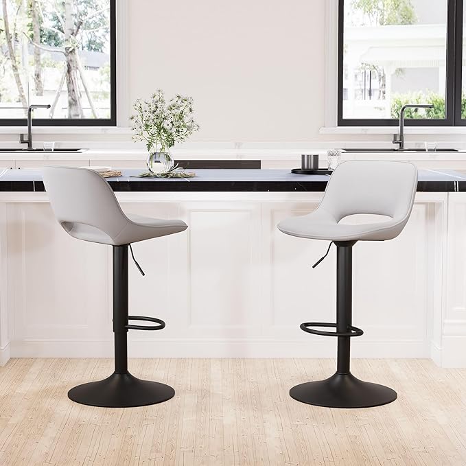 YOUNIKE Bar Stools Set of 2 Modern Swivel Barstools, Adjustable Counter Height Bar Stools Faux Leather Upholstered Counter Stools with Hollow Back for Kitchen Island, Grey