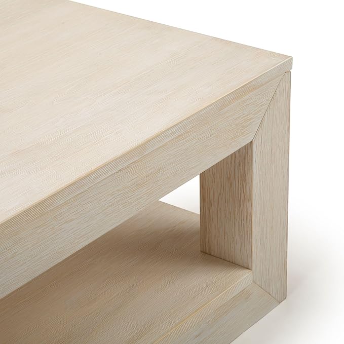 Plank+Beam 40" Modern Rectangular Coffee Table with Shelf, Solid Wood Center Table with Storage, 2 Tier Tea Table for Living Room, White Sand Wirebrush