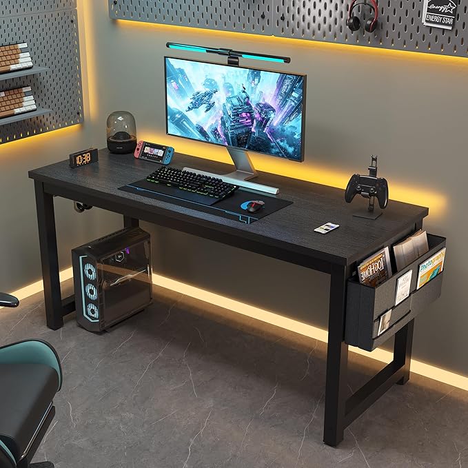 Large Computer Desk - 63 Inch Home Office Desks Study Student Writing Table Gaming Desk Wood Modern Simple Table with Storage Bag & Headphone Hooks, Black