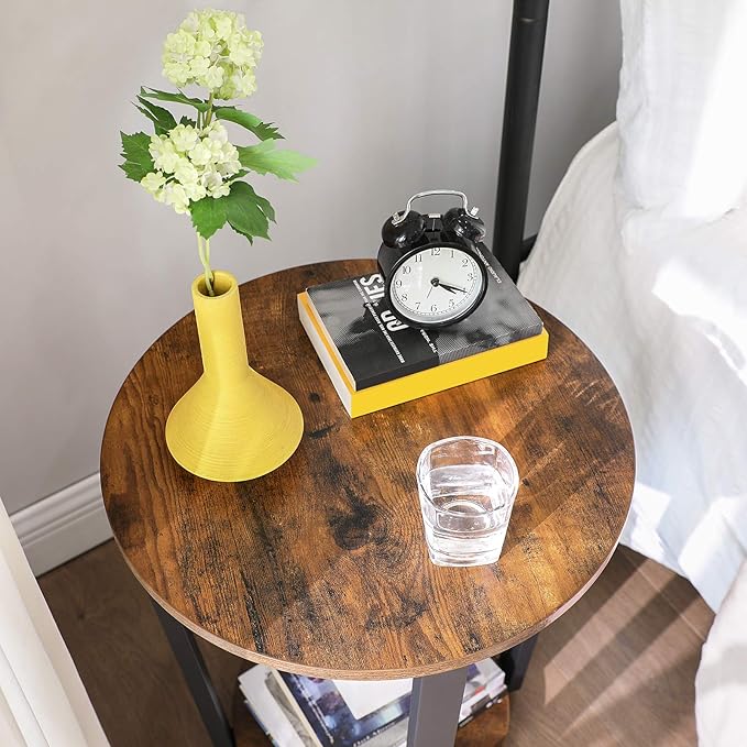 VASAGLE End Table, Round Side Table with Storage Shelf, Easy Assembly, Industrial Accent Furniture with Steel Frame, Rustic Brown and Black