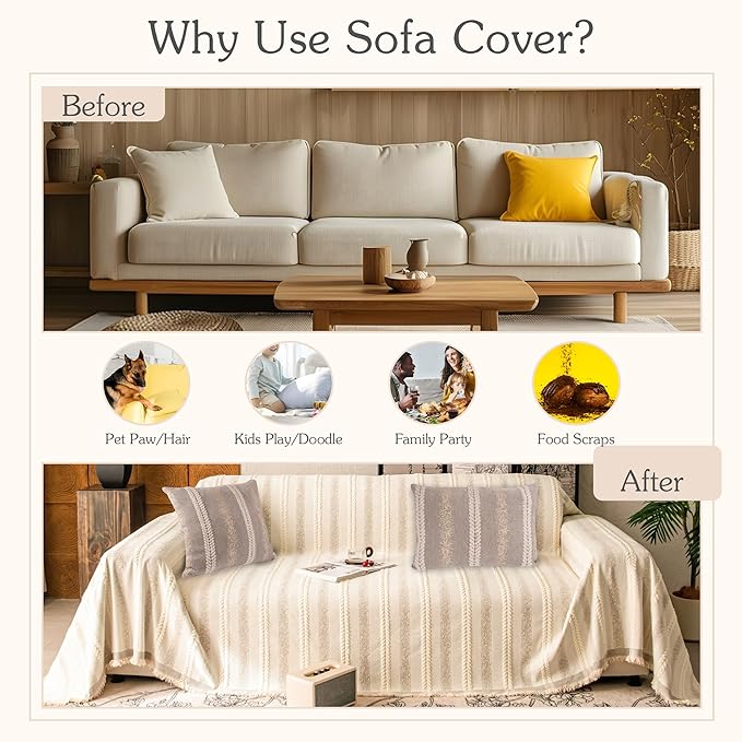 Couch Cover for Dogs Washable Sofa Cover, Sectional Couch Covers, Sofa Covers for 2 Cushion Couch, Non Slip Stripe Sofa Slipcovers Furniture Protector, Couch Protector from Cat Claws, Beige,75''x118''