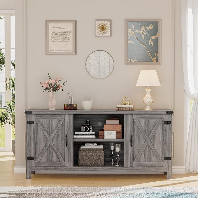 YESHOMY Farmhouse Buffet & Sideboard, 58" Kitchen Storage Cabinet with Adjustable Shelves & Doors, Wood Coffee Bar for Living Room, Entryway, Gray Washed