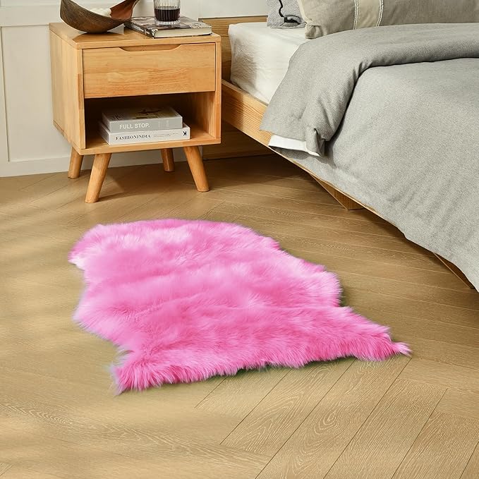 duduta Hot Pink Faux Sheepskin Throw Rug 2x3 ft, Fluffy Shag Girls Bedside Dorm Rug Fur Seat Chair Covers Washable