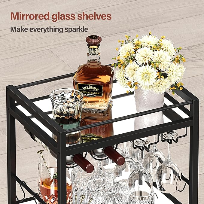 TUTOTAK Bar Cart, Home Bar Serving Cart with 3-Tier Mirrored Shelf, Drink Cart, Mobile Kitchen Shelf with Wine Rack, Rolling Beverage Cart, Black BC01BK033