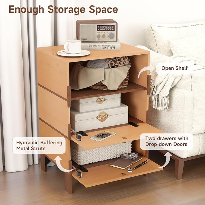 Sebastack End Table, Customizable 3 Drawers Bedside Table, Night Stand, Side Table for Bedroom, Dormitory, Mid-Century Style Wood Chest of Furnitures, 27.8 inch Tall