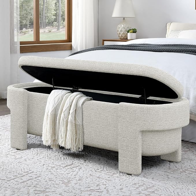 KEIKI 51" Linen Ottoman Bench with Large Storage Space, Upholstered Seating Foot Rest Stool Furniture for Bedroom, Living Room, Entryway, Beige Stripe