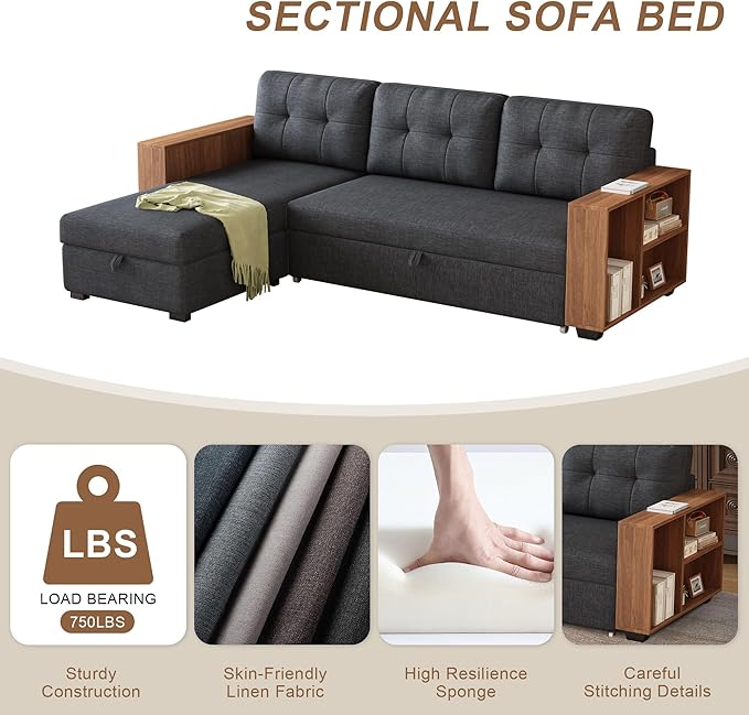 Ball & Cast 84" Sectional Sleeper Sofa with Storage Chaise,L Shaped Pull Out Couch Bed with Wooden Armrests and 3 Removable Back Cushion for Living Room,Apartment,Office,Dark Grey
