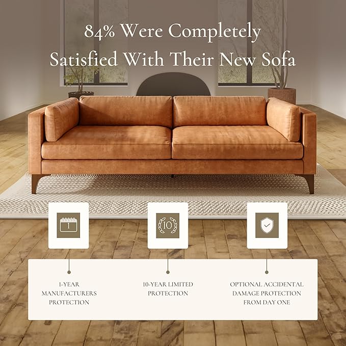 Poly & Bark Argan Leather Couch - 93 Inch Sofa - Full-Grain Leather Sofa for Living Room with Feather Down Topper - Living Room Couch - Pure Aniline Vintage Italian Leather in Cognac Tan