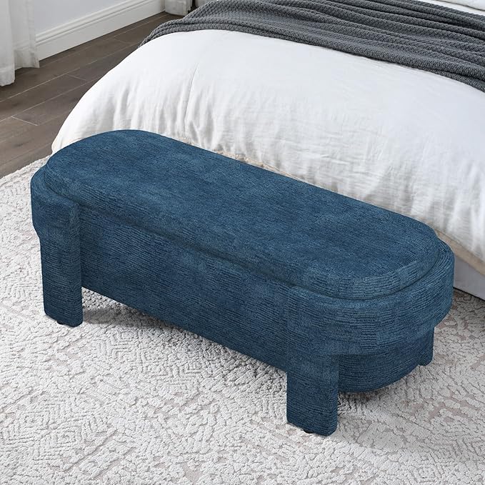 KEIKI 51" Linen Ottoman Bench with Large Storage Space, Upholstered Seating Foot Rest Stool Furniture for Bedroom, Living Room, Entryway, Dark Blue