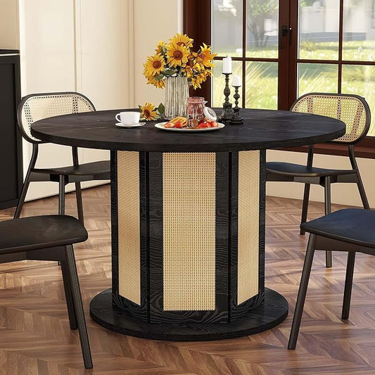 DWVO Round Dining Table for 4-6 People 47 Inch Farmhouse Kitchen Table with Rattan Circular Base Wooden Dinner Table for Dining Room Family Gathering, Black