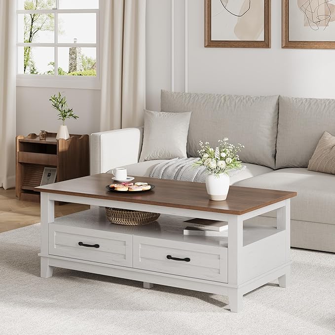 GarveeHome Farmhouse Coffee Table with Drawers, 47.2" Center Table Rustic Coffee Tables White Brown Living Room Table, with Open Shelf and 6 Support Legs