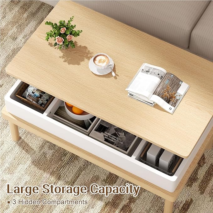 Shintenchi Coffee Table, Lift Top Coffee Table with Hidden Compartment, Rising Tabletop Dining Table, Lift Top Coffee Center Table for Living Room, Office, Home (Oak)