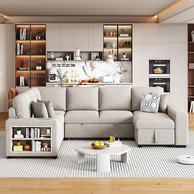 109" U-shaped Sectional Pull-out Sofa Bed with Storage Chaise,2-in-1 Convertible Couch W/ 4 Back Pillow & 2 USB Ports,Luxurious Sleeper Furniture Set for Living Room Large Space,Beige Chenille