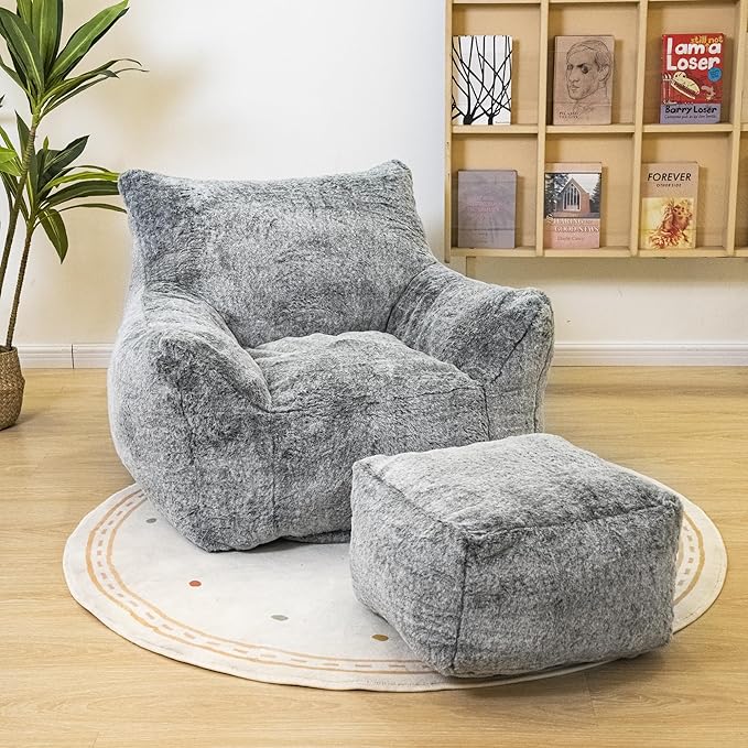 Bean Bag Chair with Ottoman, Armrest Bean Bag Chairs with Filler, Ultra Soft Fluffy Faux Fur Bean Bag Chair with Foot Rest, Plush Lazy Sofa with Foot Stool for Living Room, Dorm