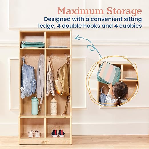 ECR4Kids 2-Section Coat Locker with Bench, Classroom Furniture, Natural