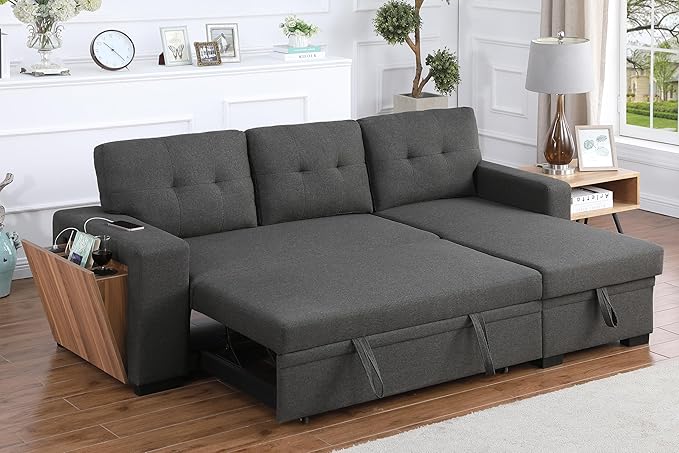 Devion Furniture Philly 4-in-1 Convertible L Shaped Couch with Pull Out Bed and Storage, Sectional Sleeper Sofa with Reversible Chaise for Living Room, Apartment, Bedroom, Office