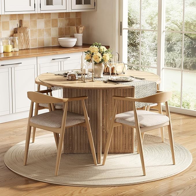 LITTLE TREE Round Dining Table for 4-6 People, Modern Wooden Kitchen Table with Pedestal Base, Small Dinner Table for Dining Room, Kitchen, Living Room