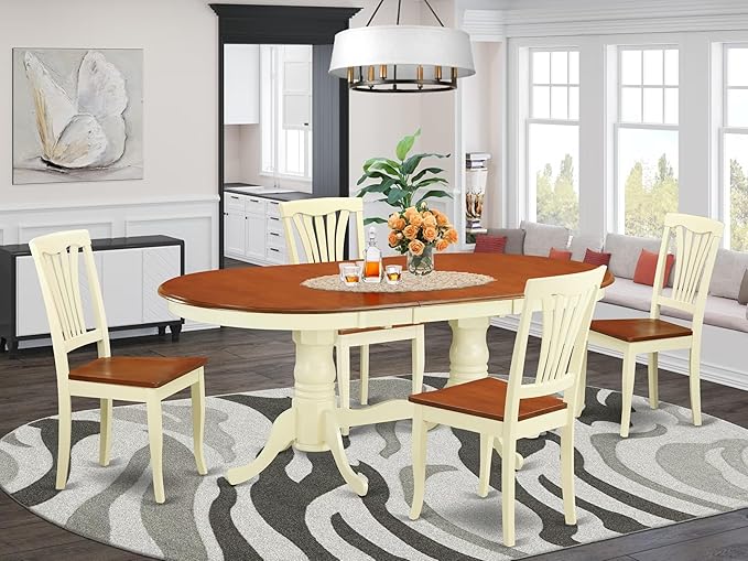 East West Furniture PLAV5-WHI-W 5 Piece Dining Room Table Set Includes an Oval Kitchen Table with Butterfly Leaf and 4 Dining Chairs, 42x78 Inch, Buttermilk & Cherry