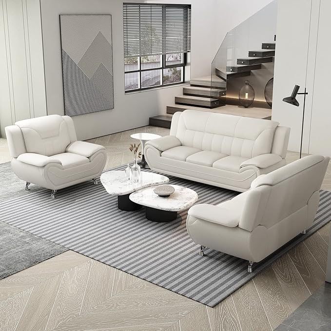 Container Furniture Direct Michael Modern Faux Leather Upholstered Stainless Steel Legs Living Room, Chair, Milky White