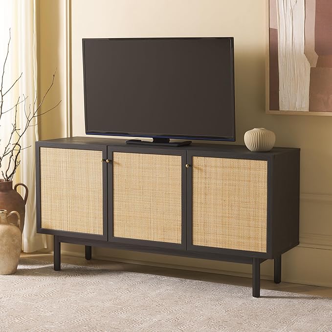 SAFAVIEH Aino TV Stand for up to 60" Flatscreen – Black with Rattan Mesh, 3 Doors with Interior Storage, Sideboard Cabinet, Entertainment Media Console (MED9618B)