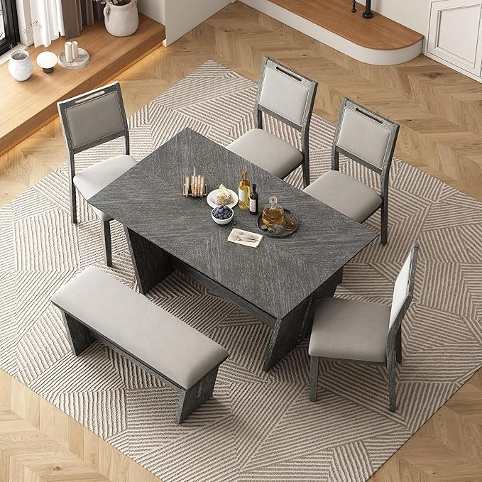 Ball & Cast 6-Piece Dining Table Set for 6 People, 60" Wood Dining Kitchen Table & Chairs Set, Rectangular Dining Room Table with Trapezoidal Base,4 Upholstered Chairs & 1 Bench, Kitchen, Gray