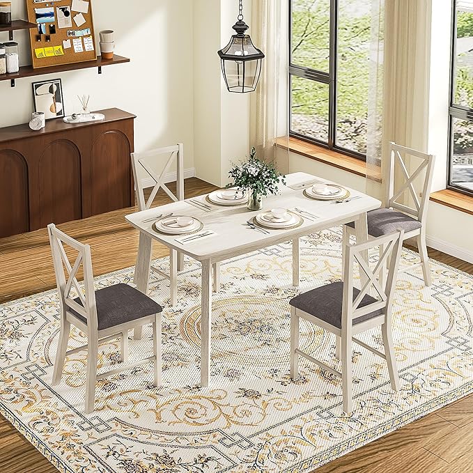 5-Piece Dining Table Set for 4, Solid Wood Kitchen Table Set with 4 Upholstered Dining Chairs, 47'' Farmhouse Structure Table & Chair Set for Kitchen, Dining Room, Restaurant, Washed Gray