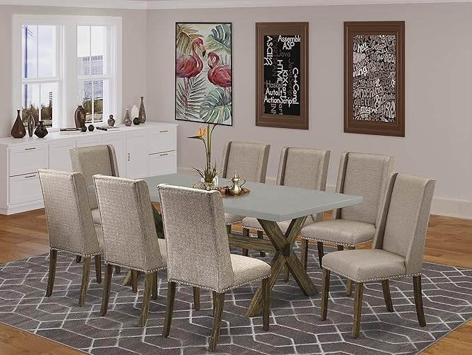 East West Furniture X797FL716-9 9 Piece Dining Set Includes a Rectangle Dining Room Table with X-Legs and 8 Dark Khaki Linen Fabric Upholstered Parson Chairs, 40x72 Inch, Multi-Color