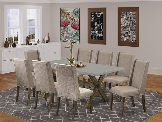 East West Furniture X797FL716-9 9 Piece Dining Set Includes a Rectangle Dining Room Table with X-Legs and 8 Dark Khaki Linen Fabric Upholstered Parson Chairs, 40x72 Inch, Multi-Color