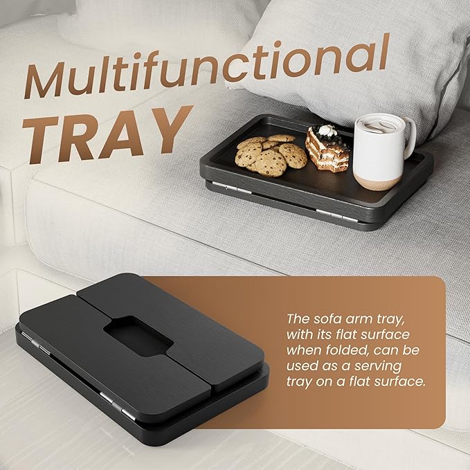 HOLANA Acacia Wood Sofa Armrest Tray - 13.75 x 9.5in Double Hinge Sofa Arm Tray Table Clip - Couch Arm Table - Wooden Side Tables for Eating and Drink (Black Color)