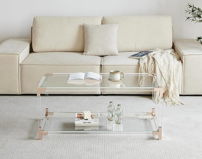 Saint Mossi Glass Coffee Table Living Room, Modern Double Layer Glass Living Table for Living Space, L41 x W21 x H16, Clear Glass Top, Clear Acrylic Leg & Rose Gold Frame