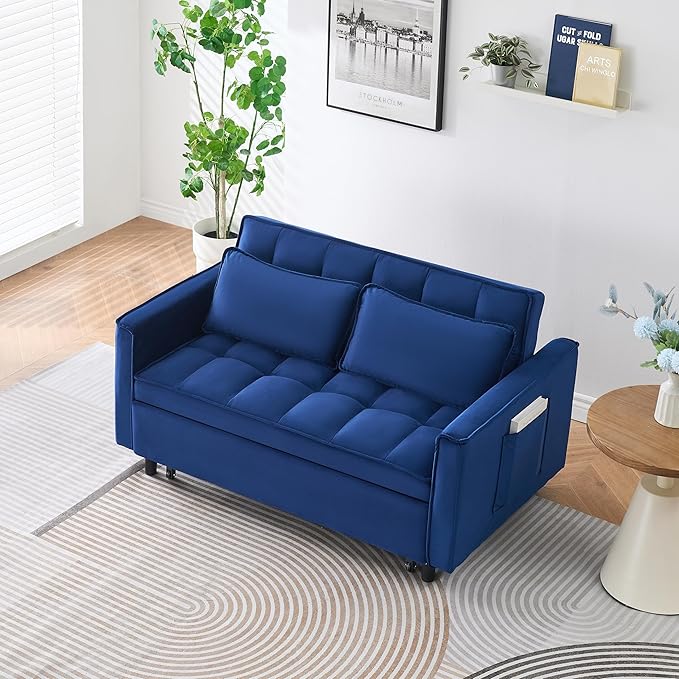 Ball & Cast 55" Convertible Sofa Bed,3 in 1 Sleeper Sofa W/Pull-Out Bed,Convertible Pull Out Couch W/2 Pillows,Adjustable Backrest & Side Pocket,Velvet Futon Couches for Living Room,Apartment,Blue