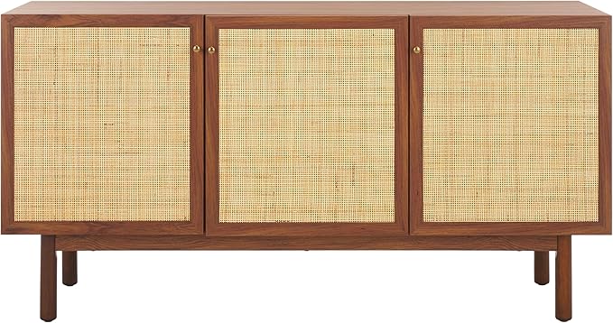 SAFAVIEH Aino TV Stand for up to 60" Flatscreen – Walnut Brown with Rattan Mesh, 3 Doors with Interior Storage, Sideboard Cabinet, Entertainment Media Console (MED9618A)