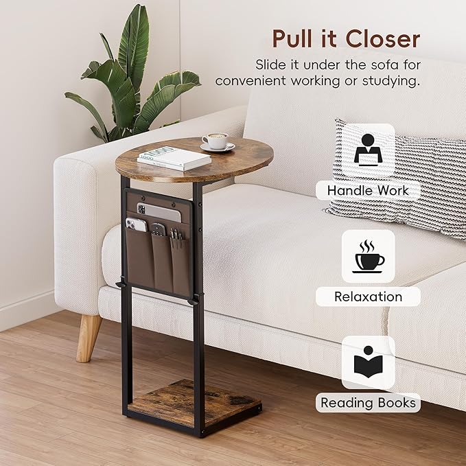Vagusicc C Shaped End Table, Adjustable Height Small Side Table for Couch and Recliner, 32" Tall Couch Side Table Slide Under Sofa Tray Desk with Storage Bag for Living Room and Bedroom, Brown