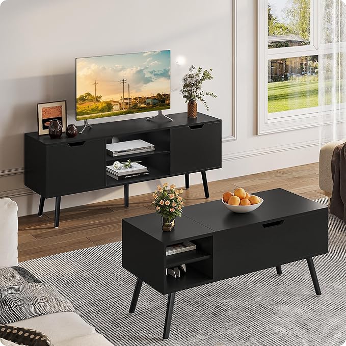 ALINE FURNITURE Black TV Stand for 50 55 60 inch TVs - Media Console with 2 Cabinets & Open Shelves, Solid Wood Legs - TV Consoles for Living Room - 22" H Entertainment Center for Bedroom
