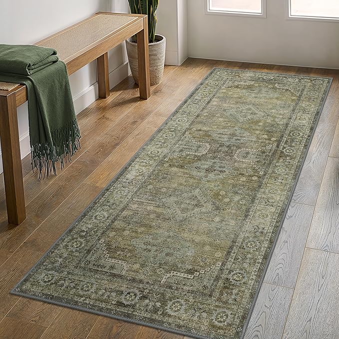 GENIMO Runner Rug 2x8 Non Slip Machine Washable Vintage Hallway Runner Rugs, Low Pile Lightweight Mat for Living Room, Entryway, Bedroom, Kitchen and Corridor, Distressed Sage