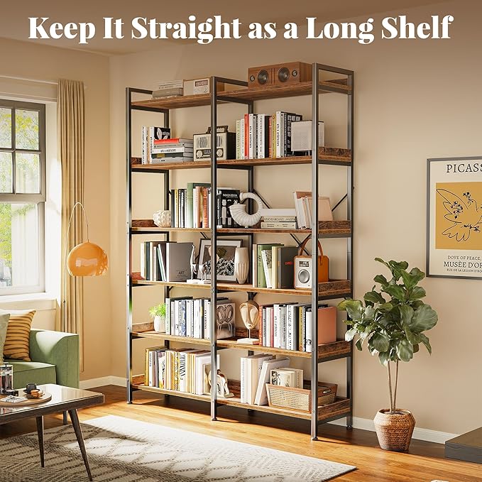 Huuger 6 Tier Bookshelf, Corner Bookshelf with 12 Open Shelves and Raised Baffle, 47.2 Inch Straight Wide Bookcase with Metal Frame and Wooden Board, Adjustable Feet, Rustic Brown