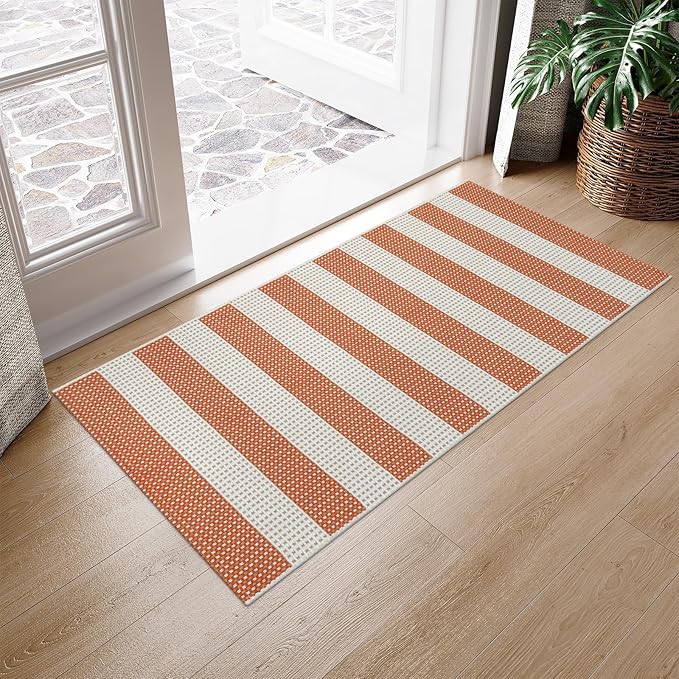 OJIA Fall Front Door Rug 24"x51" Halloween Doormat Striped Rug Cotton Woven Checkered Carpet Washable Front Door Mat Outdoor Small Area Rug for Porch Kitchen Entryway Patio Bathroom (Orange/White/Tan)