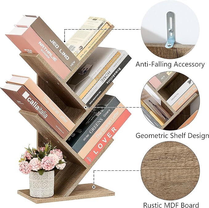 Hoctieon 4 Tier Tree Bookshelf, 4 Shelf Bookcase, Modern Book Storage, Free Standing Tree Bookcase, Utility Organizer Shelves for Home Office, Living Room, Bedroom, Greige