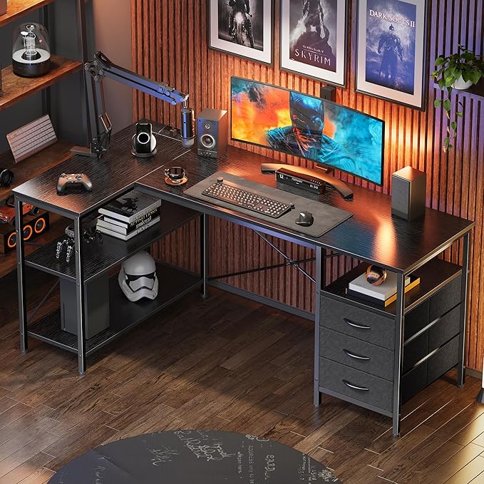 Huuger L Shaped Office Desk with Power Outlets, 55 Inch Computer Desk with 3 Drawers, Shelves, Reverisble for Gaming Corner Work Home Office Study, Black