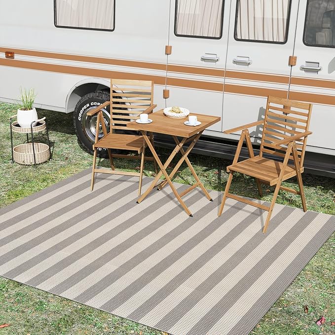 OJIA Outdoor Rug 5'x7' Striped Patio Rug Washable Indoor Outdoor Carpet Cotton Woven Outside Farmhouse Enrtyway Rug Large Area Rugs for Living Room Bedroom Backyard (Gray/White/Tan)