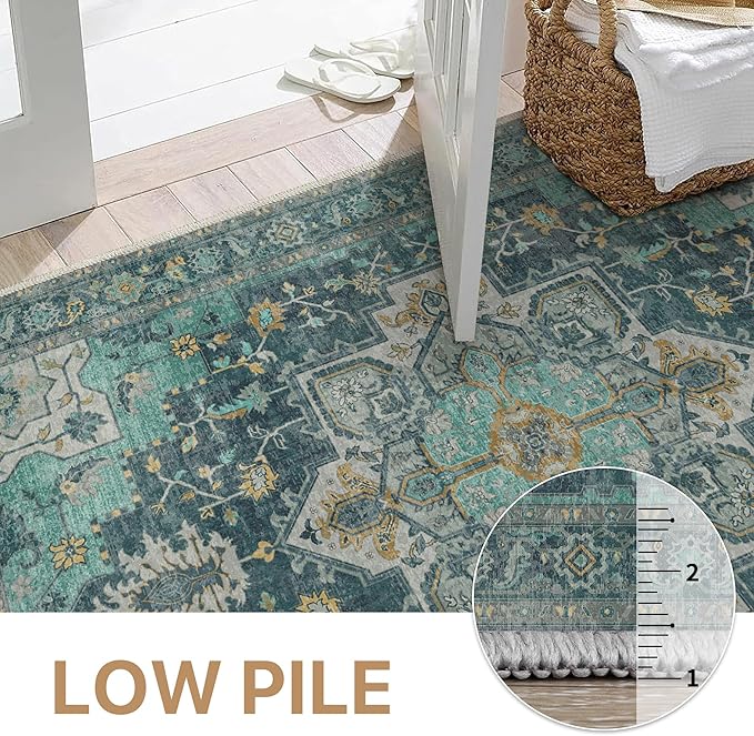 GENIMO 9x12 Area Rugs for Living Room, Machine Washable Non Slip Vintage Rugs, Low Pile Lightweight Chenille Print Rug for Bedroom, Dining Room, Home Office, Dark Green