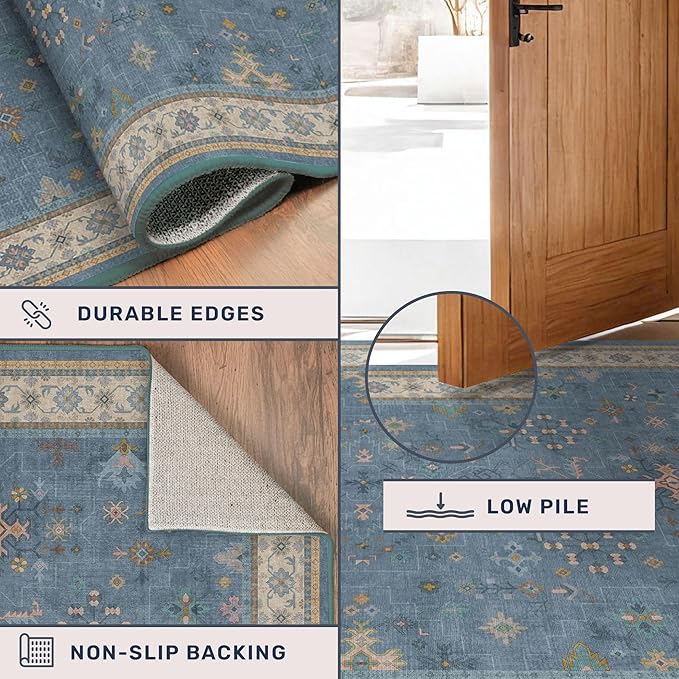 Blue Big Rugs for Living Room - Dusty Blue 10x12 Area Rug for Large Bedroom, Dining Room, Washable Lightweight Foldable Floral Modern Home Décor
