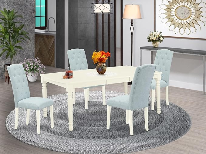 East West Furniture DOCE5-LWH-15 5 Piece Dining Set Includes a Rectangle Dining Room Table with Butterfly Leaf and 4 Baby Blue Linen Fabric Upholstered Chairs, 42x78 Inch, Linen White