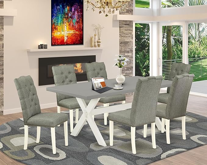 East West Furniture X097EL207-7 7 Piece Dining Room Table Set Consist of a Rectangle Kitchen Table with X-Legs and 6 Gray Linen Fabric Parson Dining Chairs, 40x72 Inch, Multi-Color