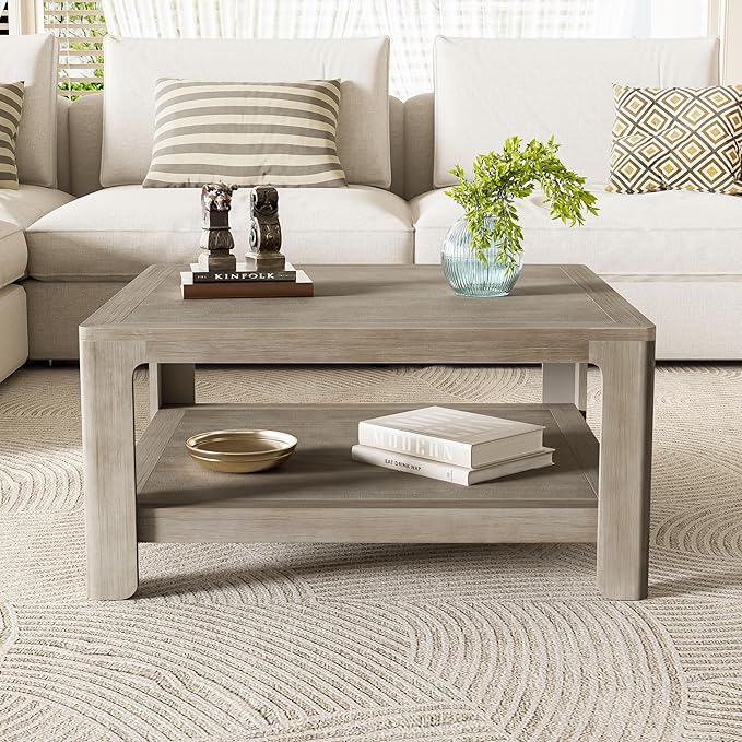 Christopher Knight Home Doran Small Coffee Table with Storage, Modern MDF Square Side Table, Multifunctional Accent Table with Spacious 2-tier Design, Semi-open Design Indoor Furniture, Light Grey Ash