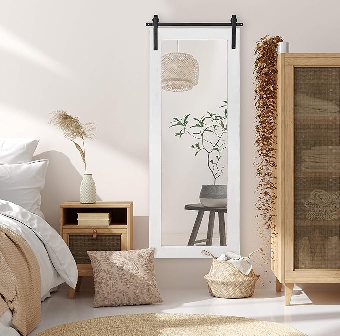 Kate and Laurel Cates Farmhouse Wood Framed Full Length Panel Mirror, 18 x 50, White, Barn Door-Inspired Rustic Mirrors for Wall
