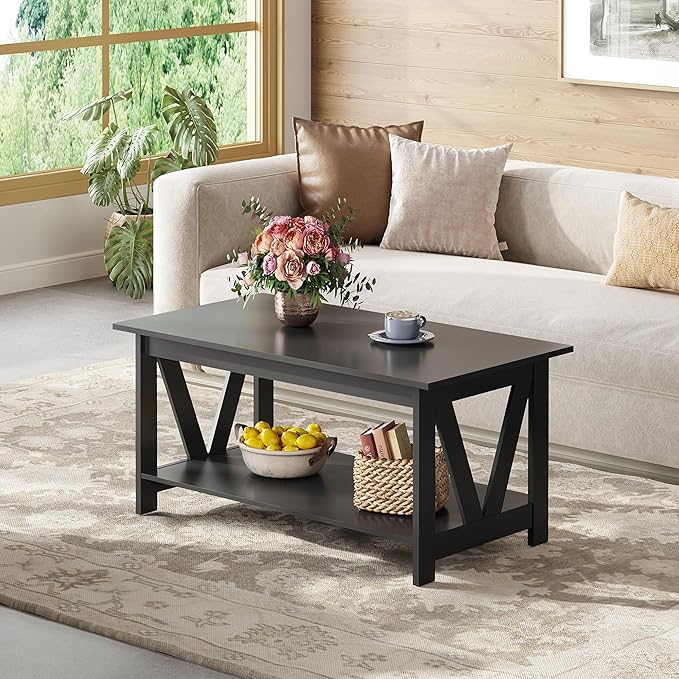 WLIVE Coffee Table with Storage Shelf, 39.4" Farmhouse Coffee Table with V-Frame Support, 2-Tier Wood Rustic Center Table for Living Room, Bedroom & Balcony, Black