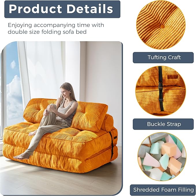 MAXYOYO Folding Sofa Bed, Convertible Sleeper Chair with Pillow Foldable Matress with Back Support, Portable Fold Out Chair Bed Comfy Floor Sofa Lounge for Living Room Bedroom, Orange Double