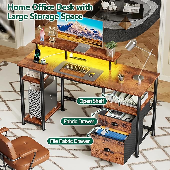 Furologee 51" Computer Desk with Power Outlet and LED Lights, Reversible Home Office Desk with File Cabinet & Monitor Stand, Large Gaming Table with Storage Shelves & Drawer, Rustic Brown